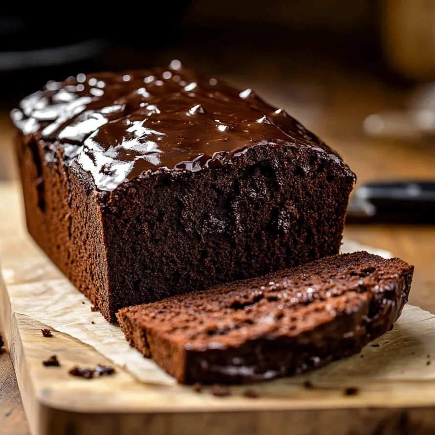 A piece of chocolate loaf on a cutting board.