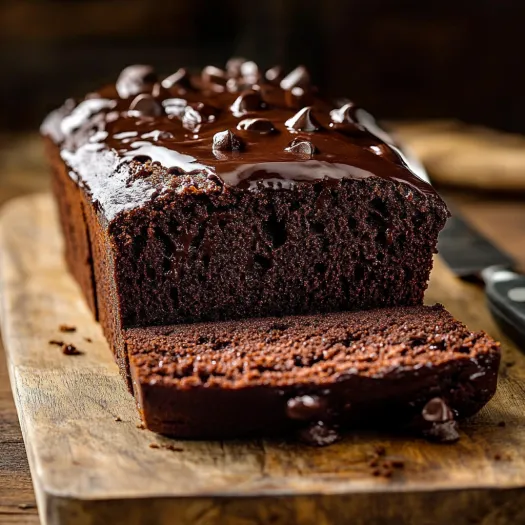 A slice of chocolate cake on a wooden cutting board.