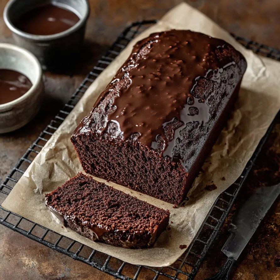 A chocolate cake on a cooling rack.