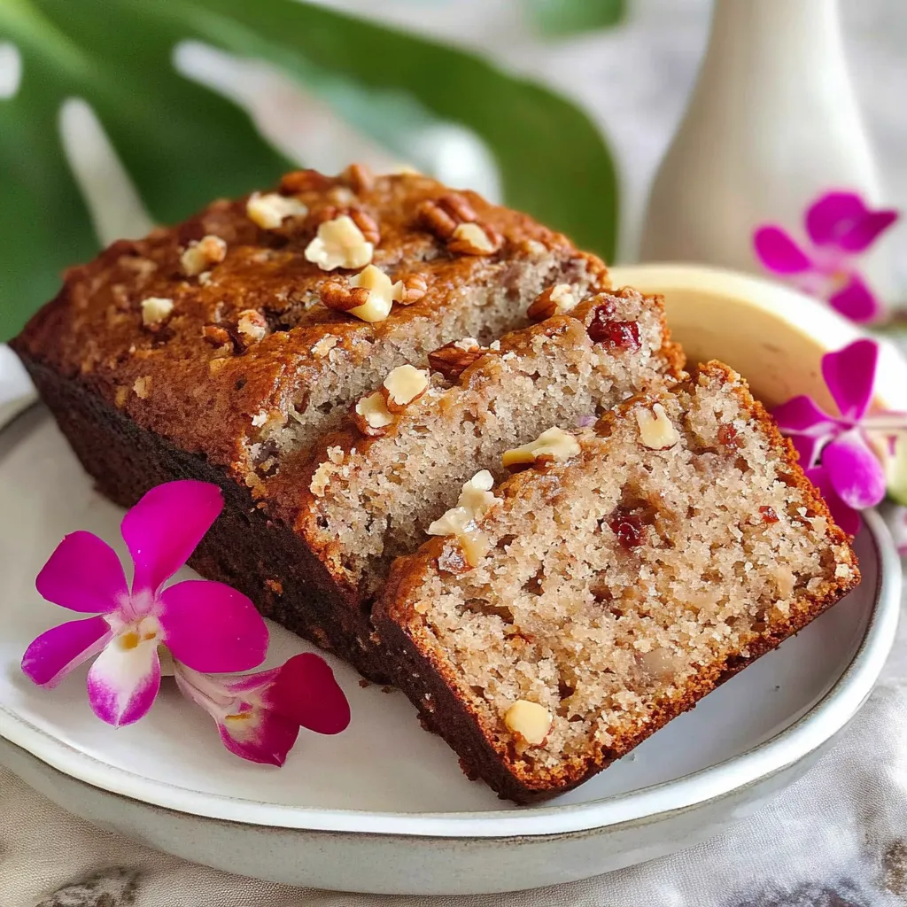Single slice of nut-topped loaf in focus.