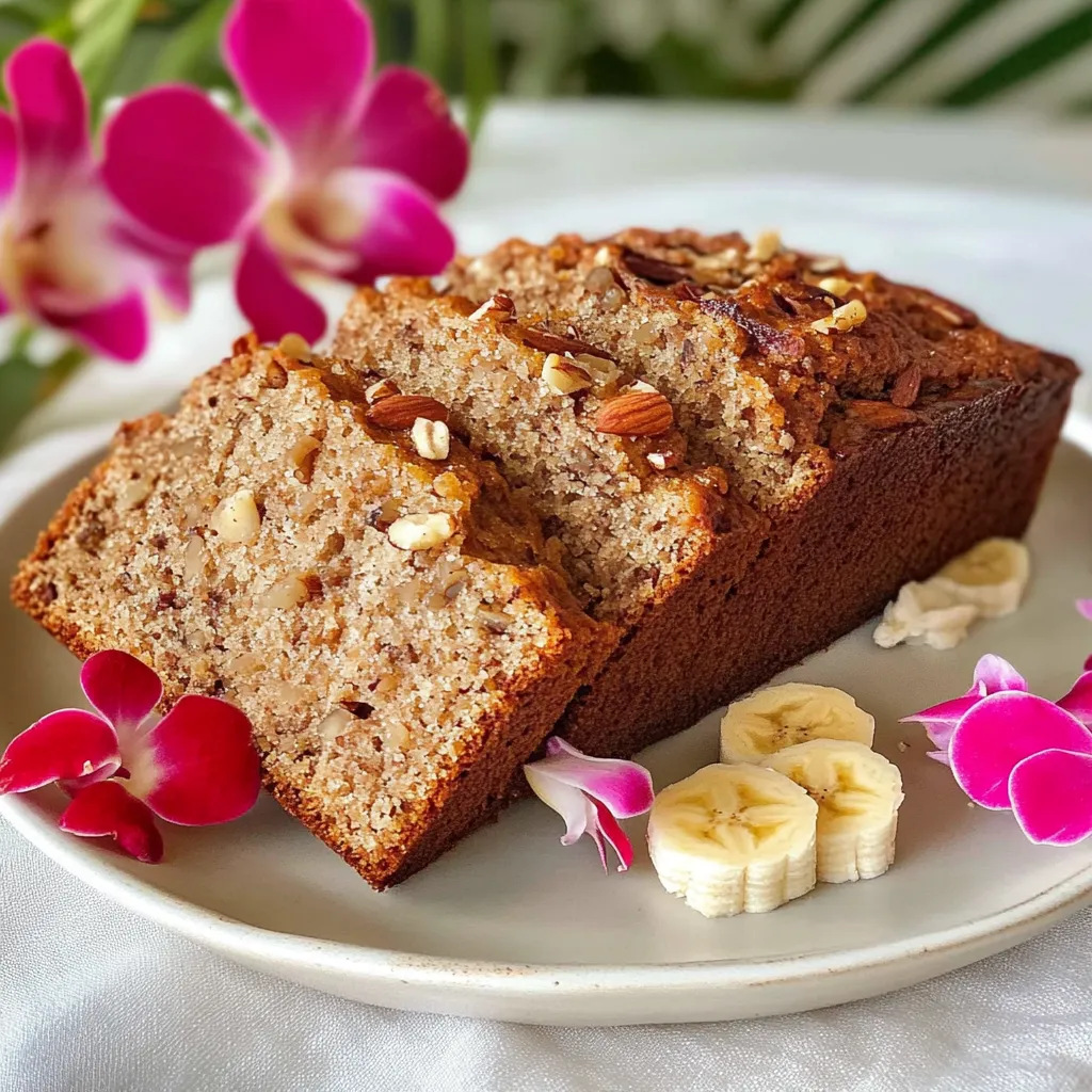 A slice of banana nut bread on a plate.