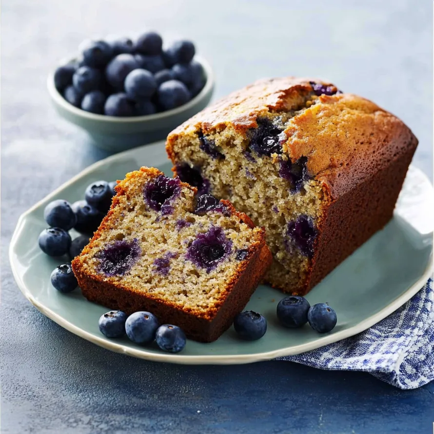 A plate with a slice of banana blueberry loaf.