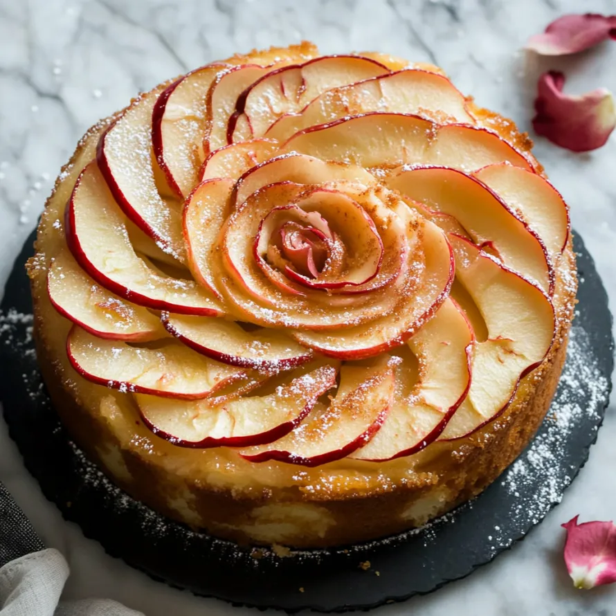 A beautifully decorated apple cake with rose-style apples on top.