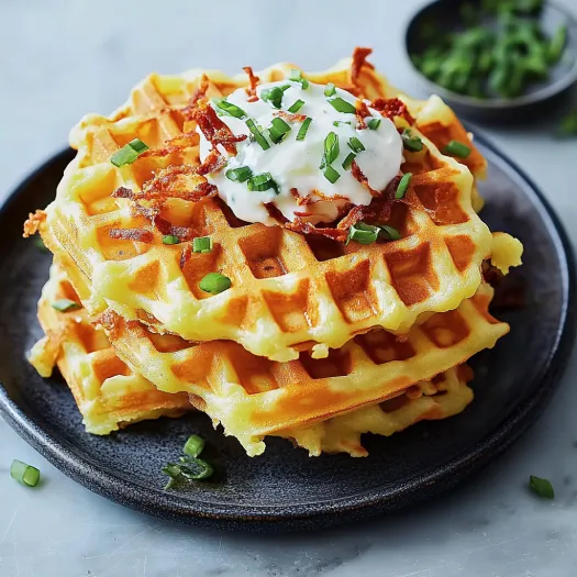 Stacked waffles with white topping.