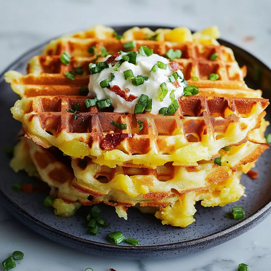 A waffle with white cheese and green onions.