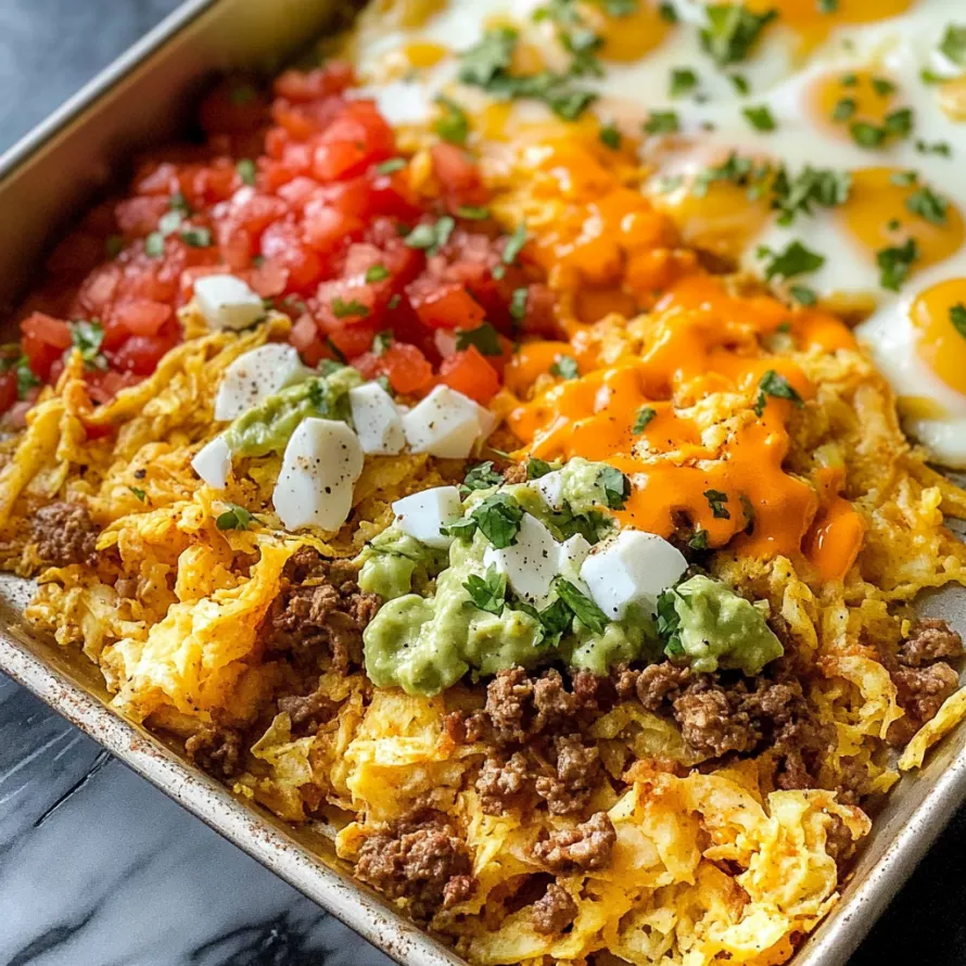 A skillet with scrambled eggs, tomatoes, and avocado slices.