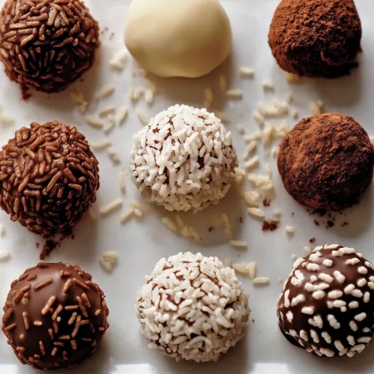 A plate of chocolate and white balls.