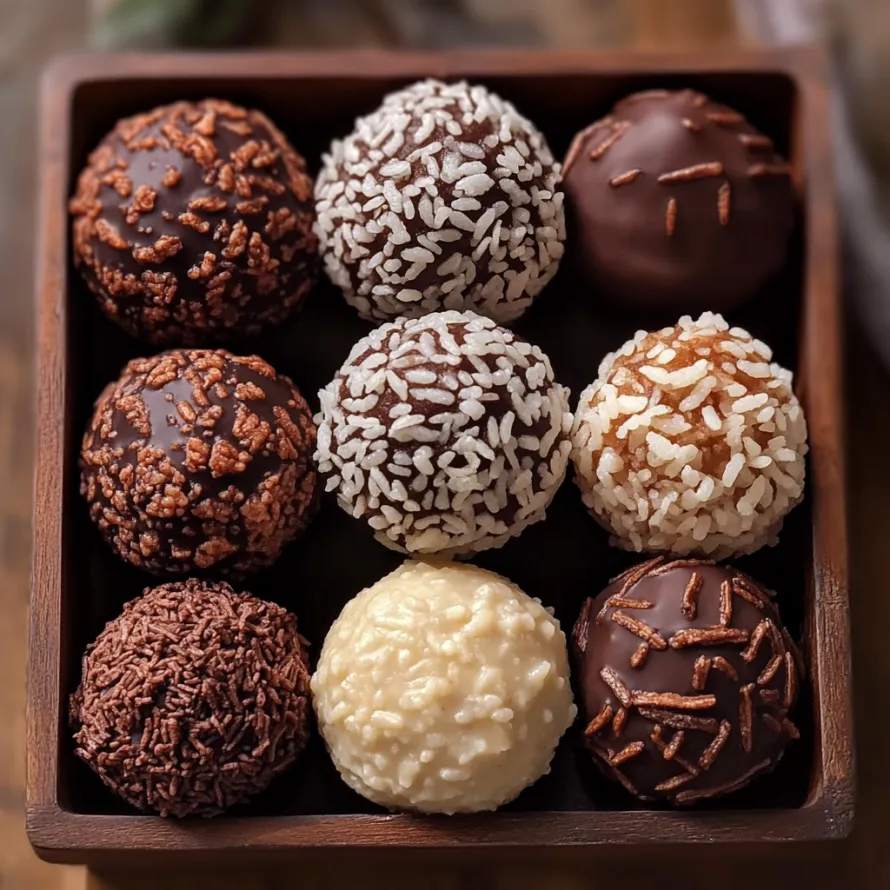 A box of chocolates with white and brown balls.