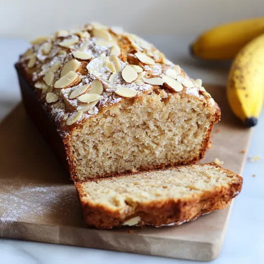 A loaf of banana bread with almonds on top.