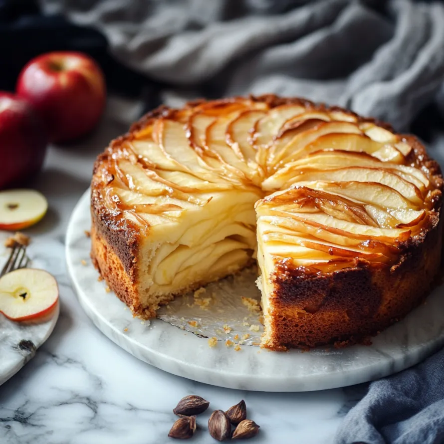 A delicious slice of apple pie with caramel drizzle.