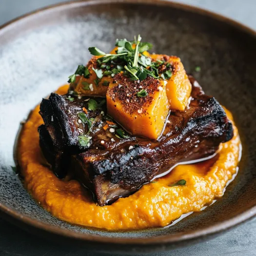 Tender braised ribs served with vegetables and purée on a plate.