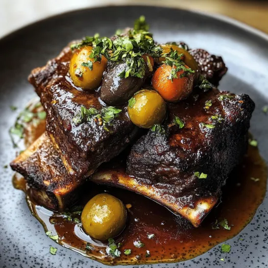 A dish of braised ribs with prunes and olives.
