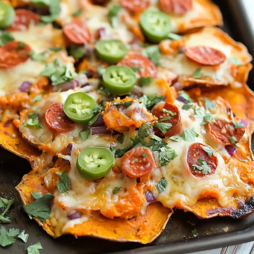 Baked sweet potato nachos topped with cheese and veggies.