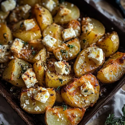Golden potato wedges topped with creamy cheese and herbs.