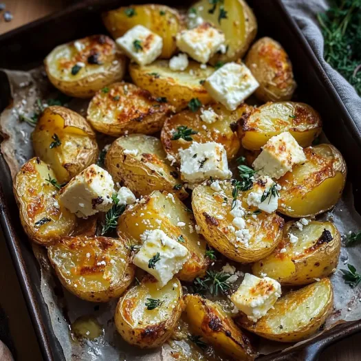A pan of potatoes with cheese on top.
