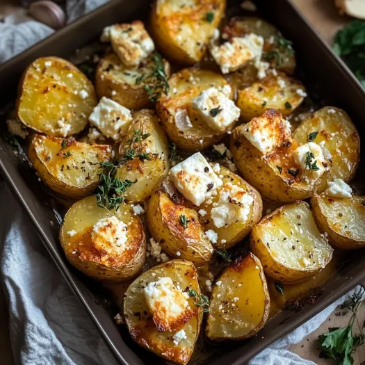 A dish of potatoes with feta cheese.