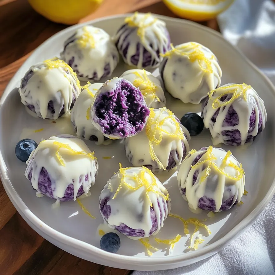 A plate of tangy bites with blueberries and lemon.