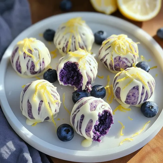 A plate of blueberry and lemon desserts.