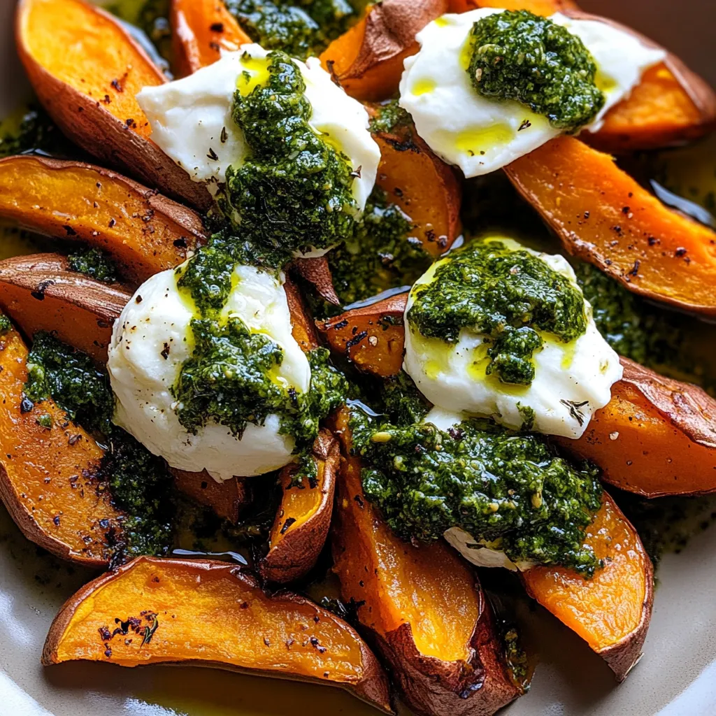 A dish showcasing golden sweet potatoes, creamy cheese, and vibrant green sauce.