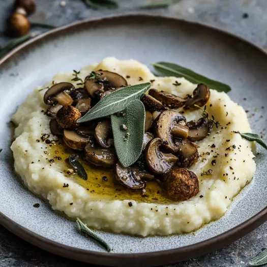 Mouthwatering plate of cauliflower and mushrooms.