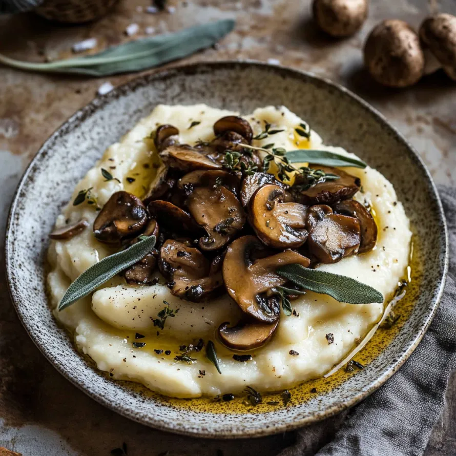 A plate of mashed potatoes with mushrooms on top.