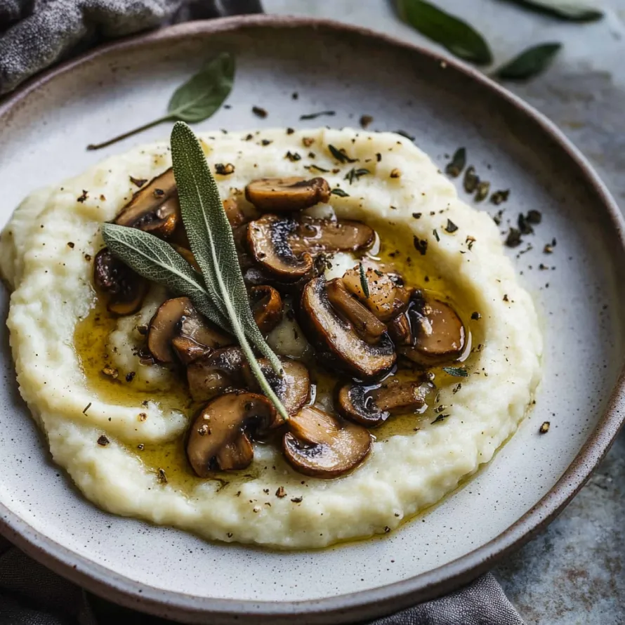 A plate of mashed potatoes with mushrooms on top.