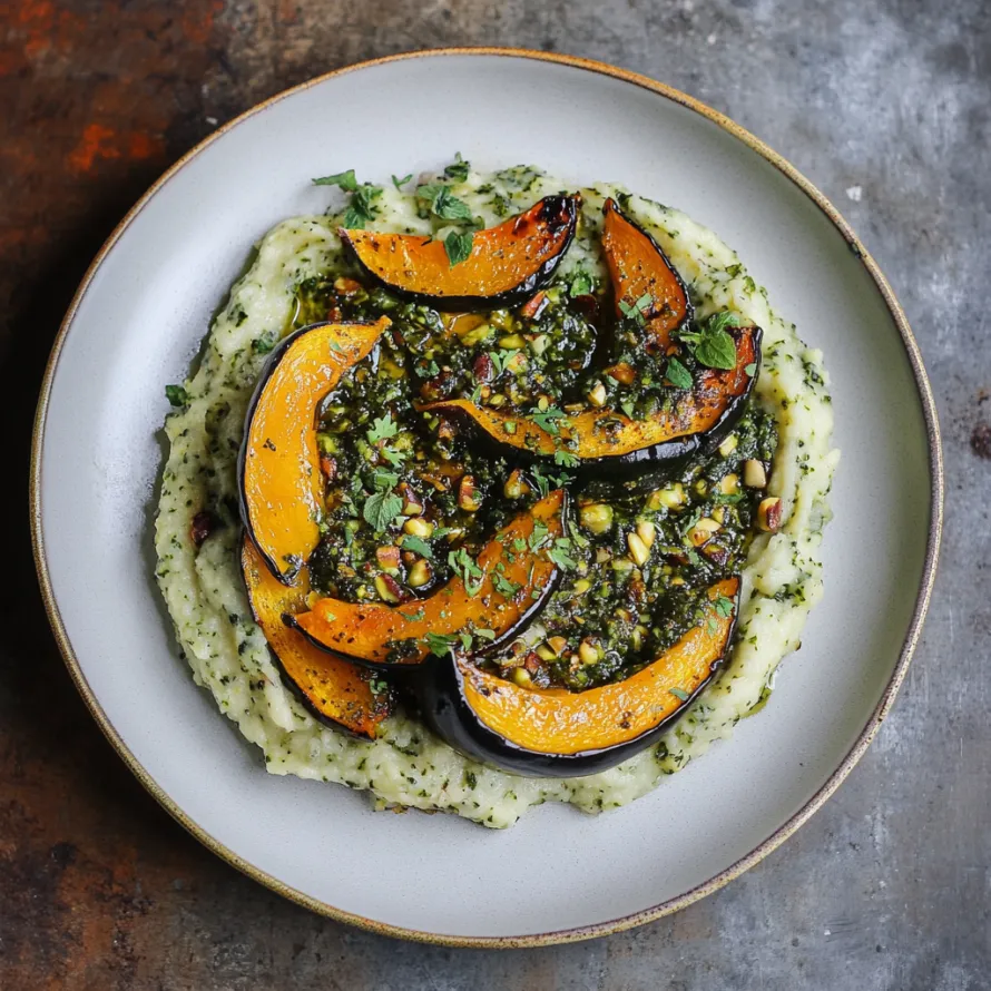 A plate of food with a green sauce.