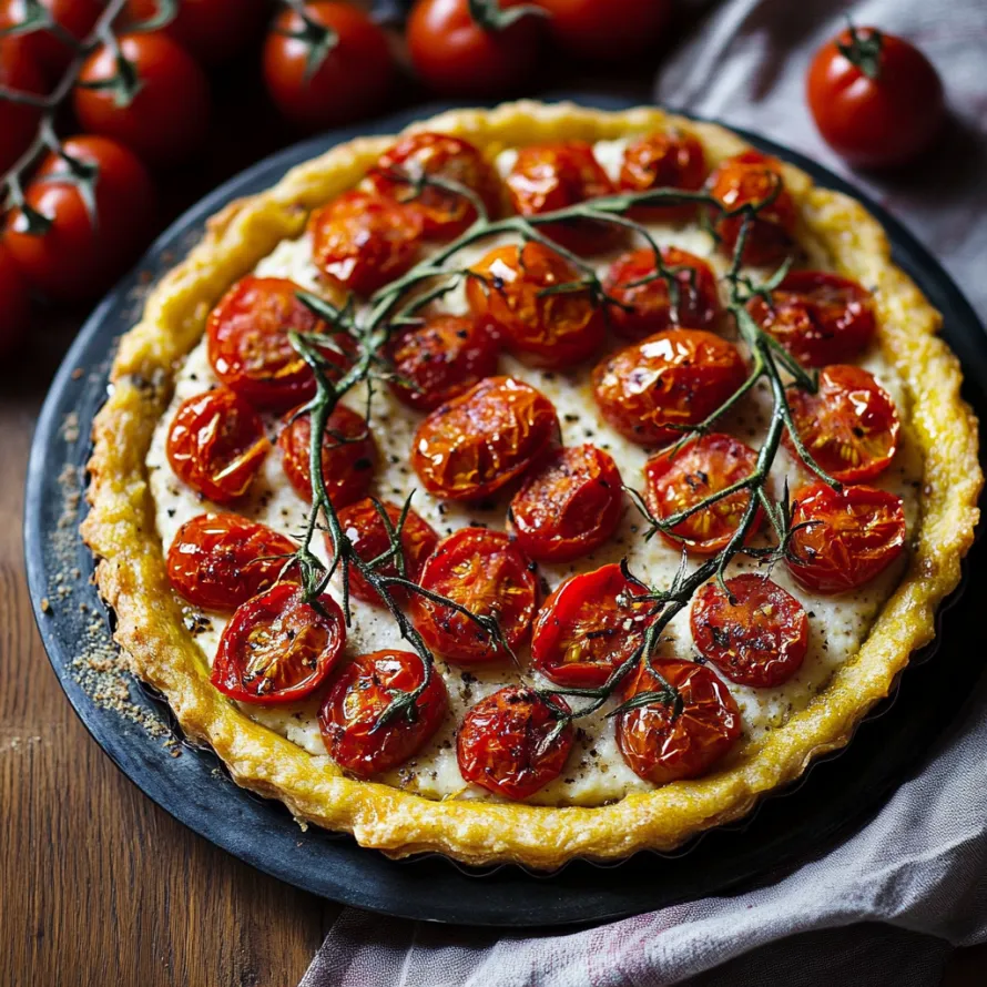 A pizza with tomatoes and cheese.