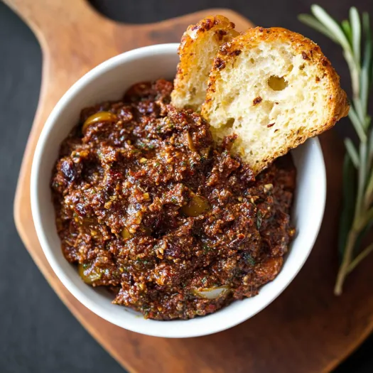 A bowl of food with a slice of bread on top.