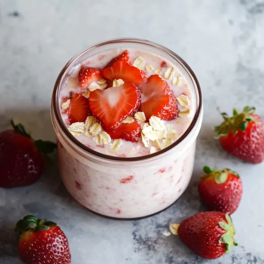 A glass filled with yogurt and fresh strawberries on top.