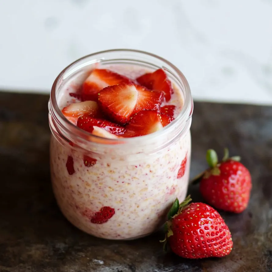 A glass jar filled with strawberries and yogurt.