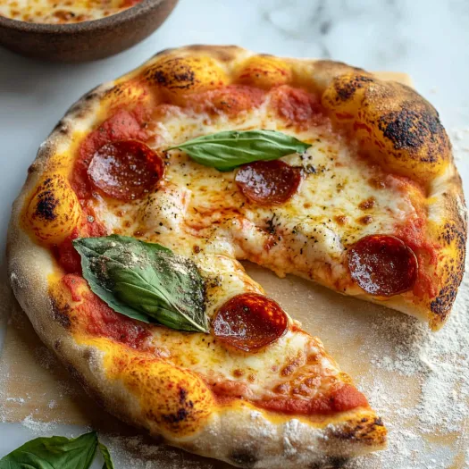 A slice of pizza topped with fresh basil.