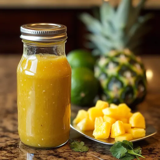 A jar of pineapple juice with a pineapple and lime on the side.