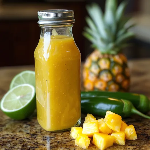 A jar of orange juice with a pineapple and a chili pepper.