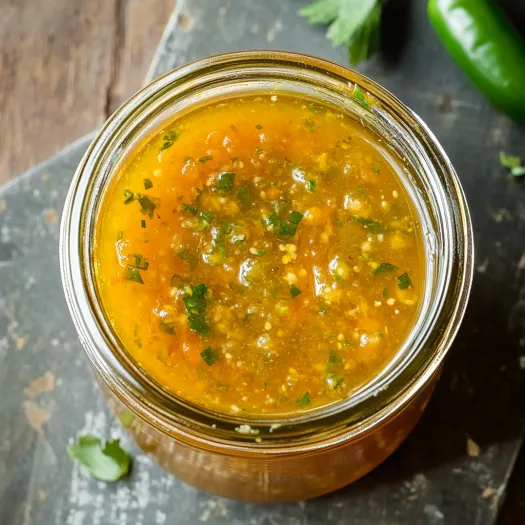 A jar filled with sauce and fresh herbs.