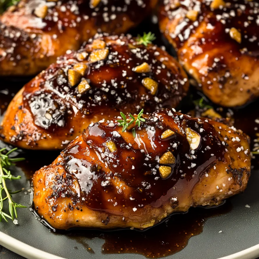 Chicken topped with a thick, glossy sauce on a plate.