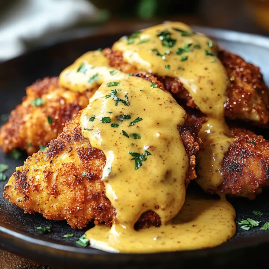 A plate of crunchy-coated chicken drizzled with sauce.