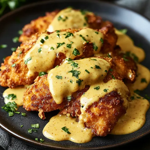 A golden-brown chicken cutlet drizzled with creamy sauce.