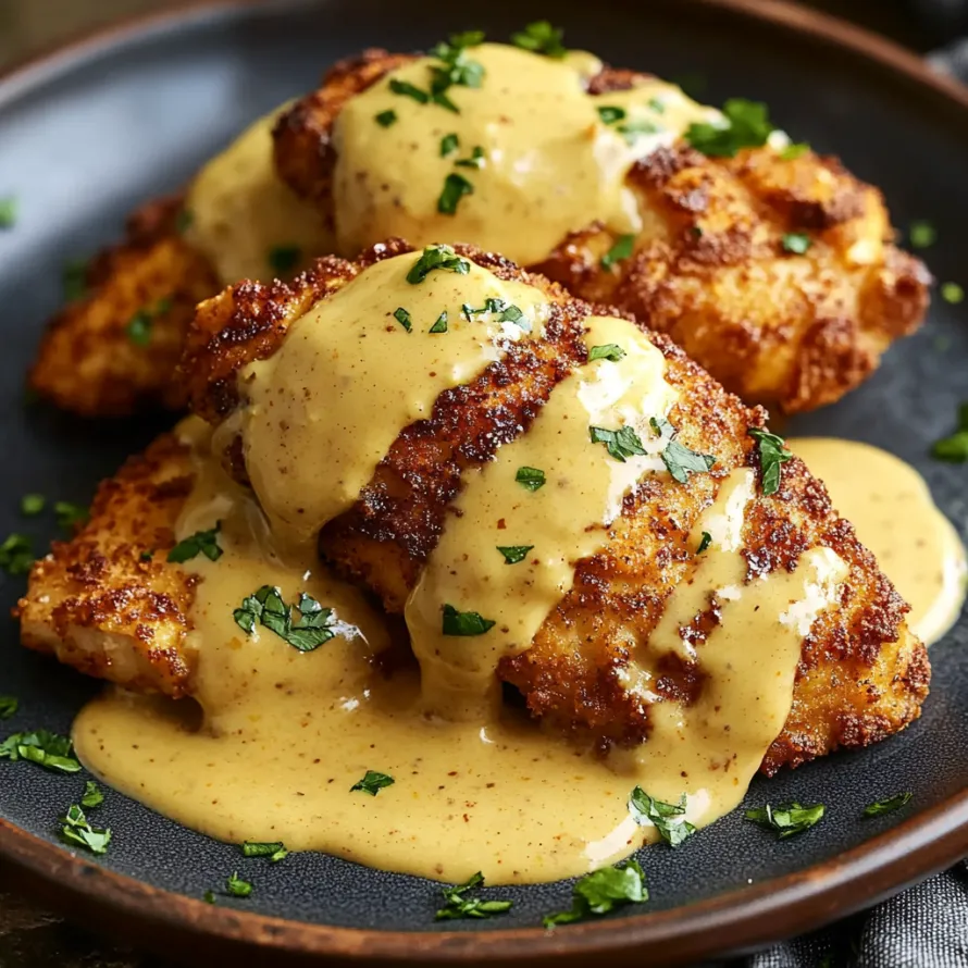 Crispy chicken with cheese sauce drizzled on top.