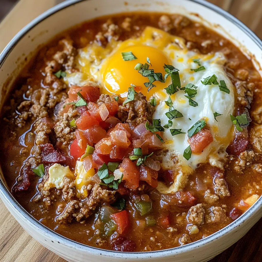 A comforting bowl of chili topped with a freshly fried egg.