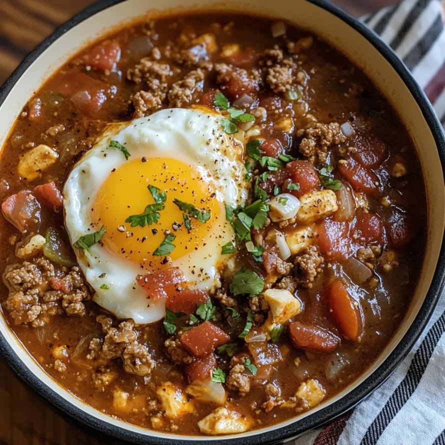 A bowl of chili with a fried egg on top.