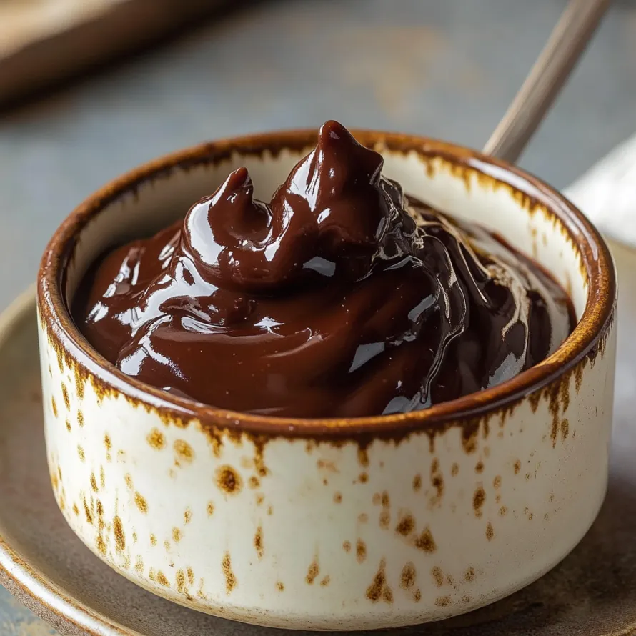 A cup of rich chocolate fudge sauce.