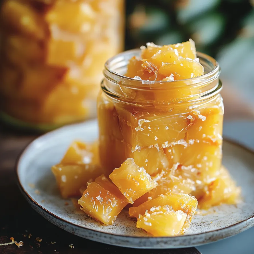 A jar of fruit with a spoon in it.