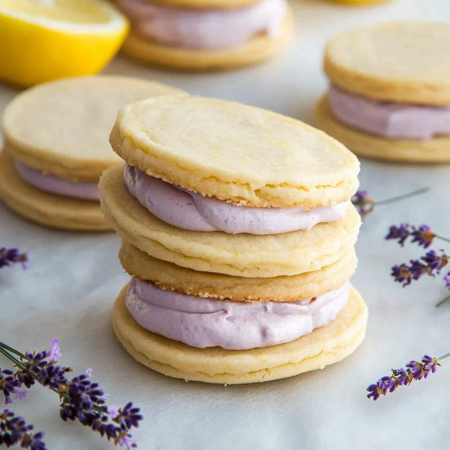 A stack of cookies with lemon wedges on top.