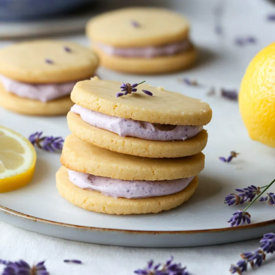 A pile of sandwich cookies with lavender accents.