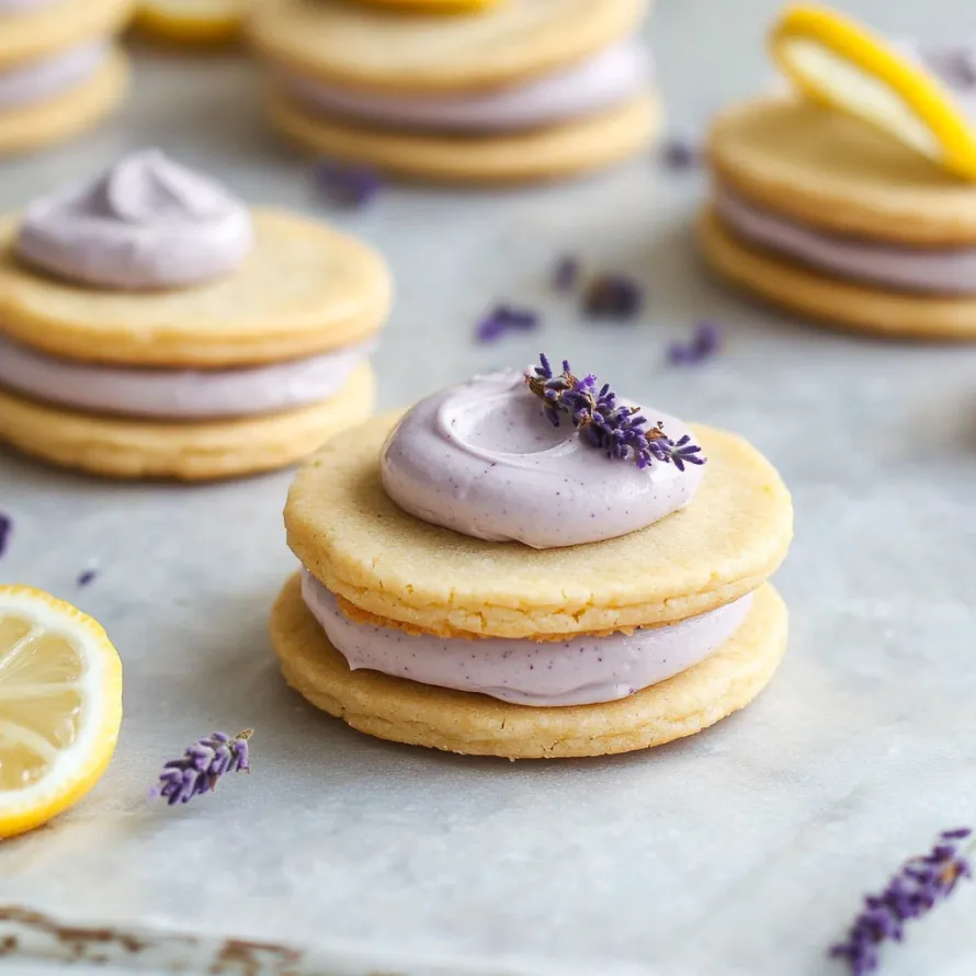 A stack of cookies with purple icing and lemon wedges.