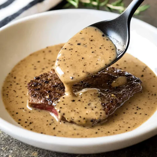 A spoon is being used to dip a piece of meat into a bowl of sauce.