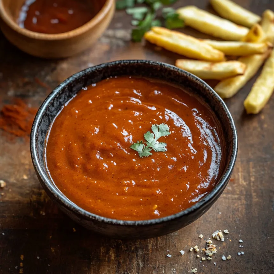 A spoon resting in a bowl of thick tomato sauce.