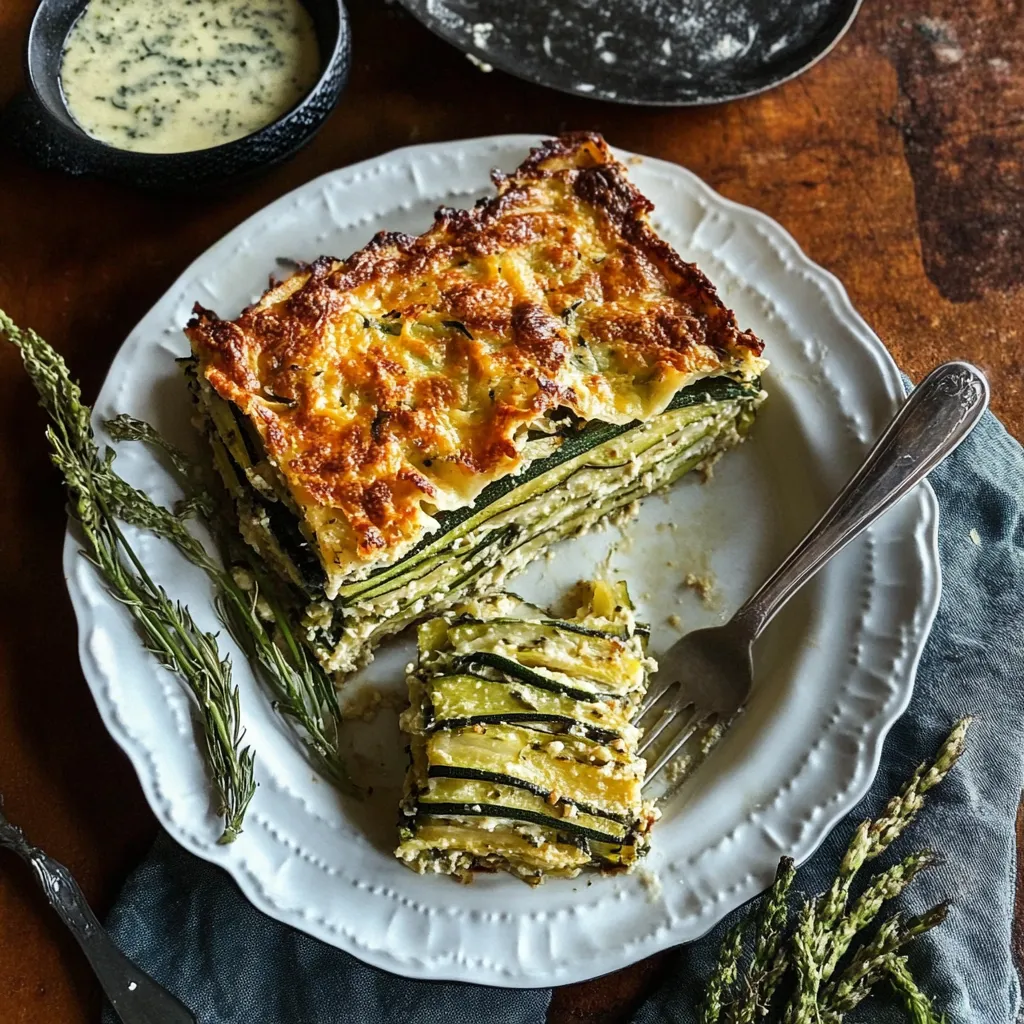 A slice of lasagna on a white plate.