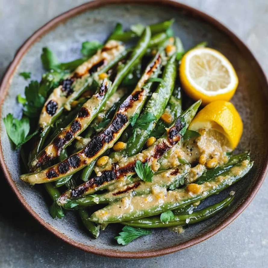 A plate of food with green beans, lemon, and sauce.